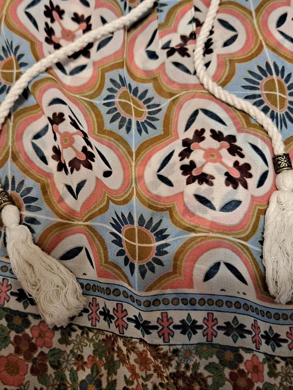 Boho Floral Tassel Tie Peasant Top - Multicolor Sheer - Picture 5 of 6